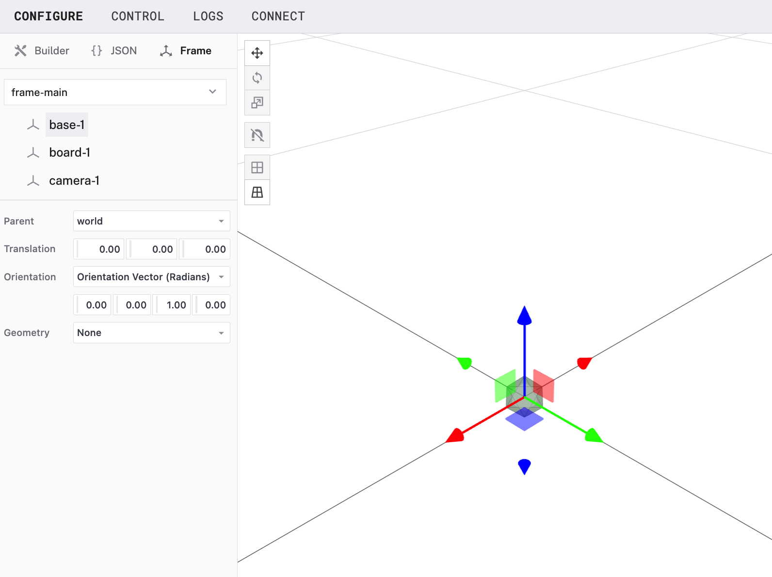 Example machine’s default frame configuration shown in the Frame System Editor. All components are stuck on top of each other