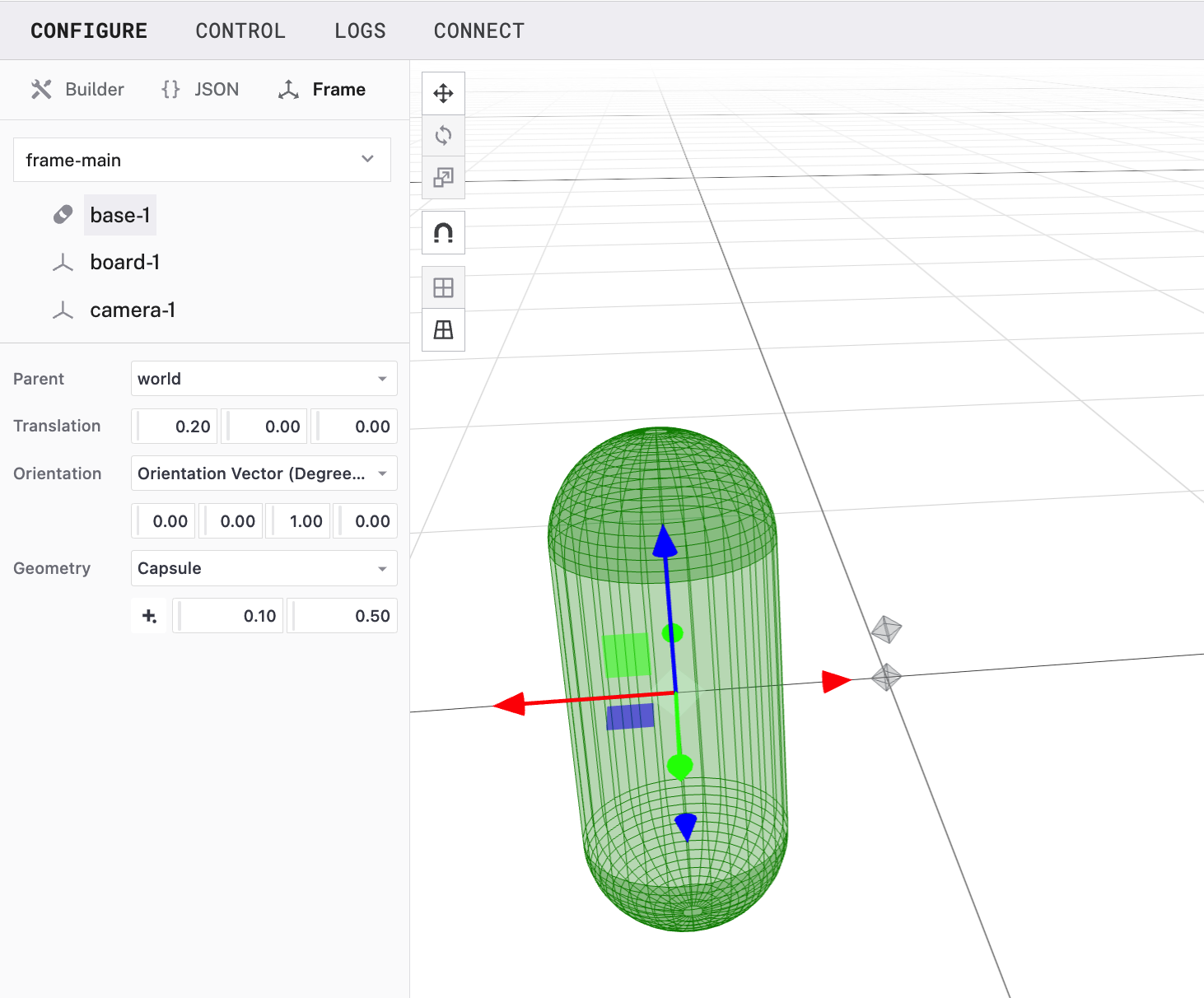 Demo robot with default capsule bounds added to the wheeled base, shown in the Frame System Editor