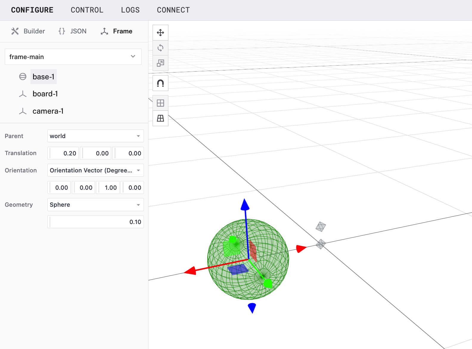 Demo robot with default sphere bounds added to the wheeled base, shown in the Frame System Editor
