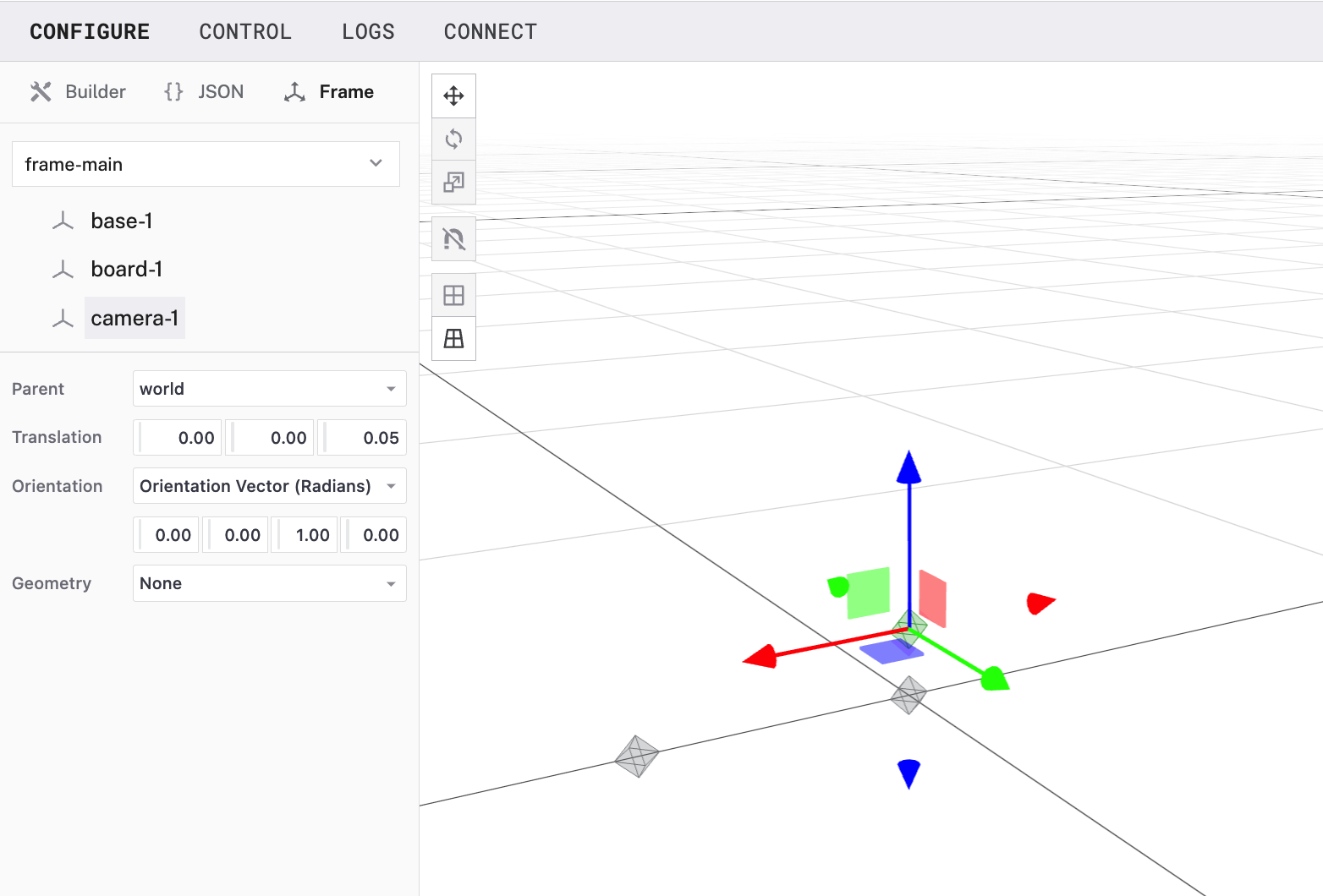 Camera translated 0.05 m overhead shown in the Frame System Editor